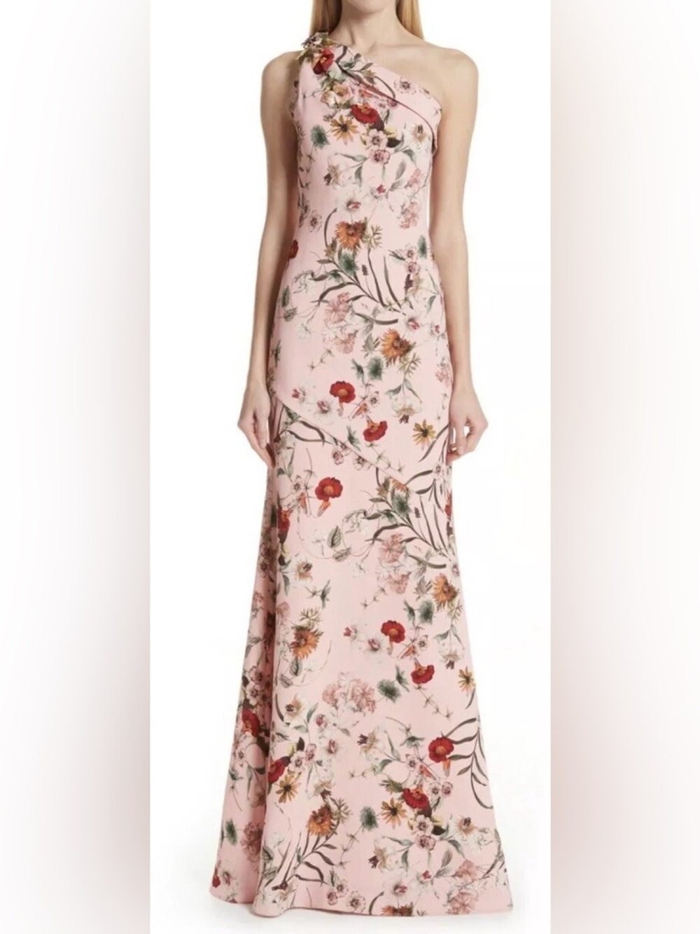Badgley Mischka Collection floral print one-shoulder gown dramatic 3D flowers